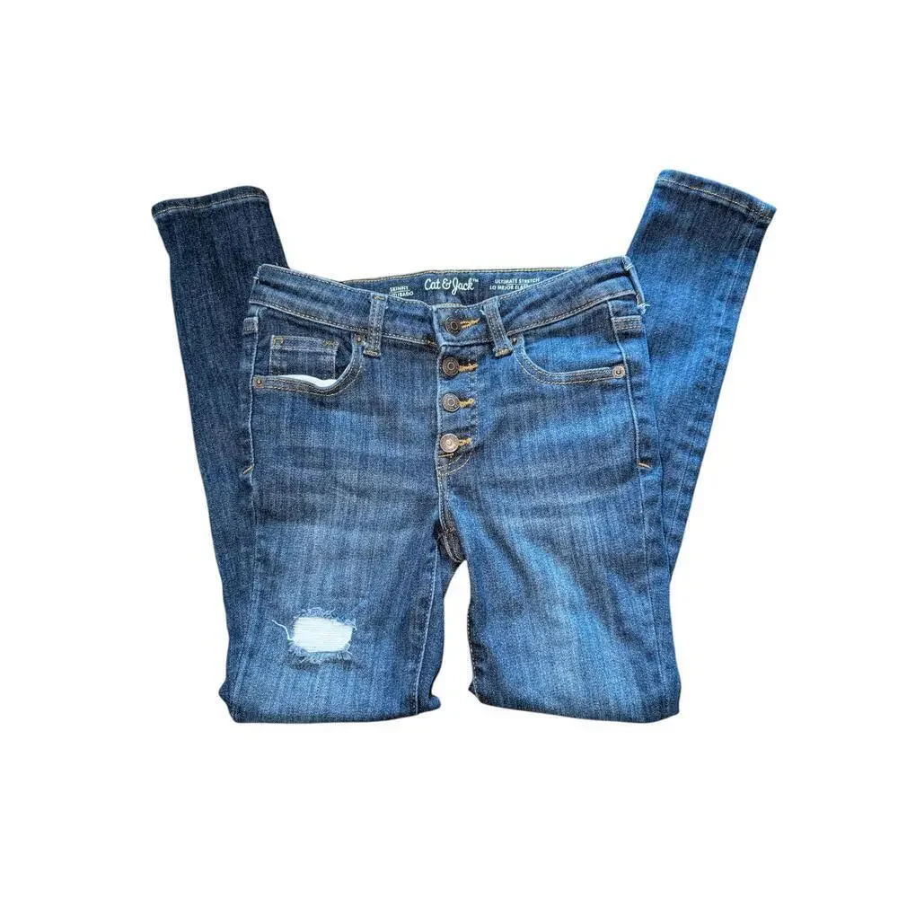 Cat And Jack Girls Jeans Blue Skinny Size 10 Ultimate Stretch Distressed